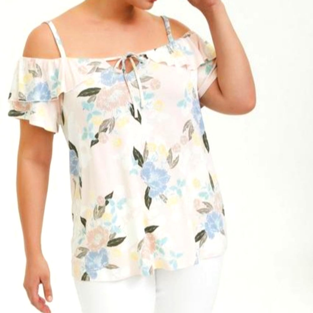 SOLD Torrid Super Soft Cold Shoulder Ruffle Top Colorful Pastels Floral